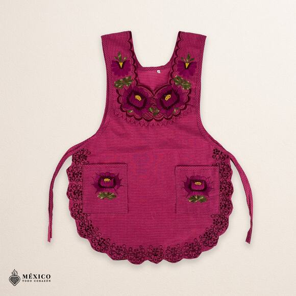 Cherry Mexican Embroidered Smock Apron – Floral Traditional Design for Women - Picture 3 of 8